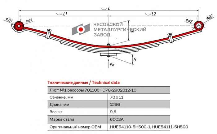 Передний коренной рессорный лист №1 Hyundai HD 65, 72,78