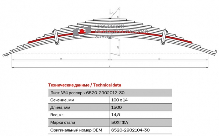 Передний рессорный лист №4 для автомобилей производства ПАО "Камаз" 6520, 65201, 6522, 65221, 65222, 65224, 65225, 65226, 6560