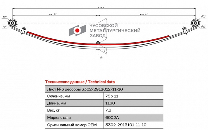 Лист №1 задний коренной рессорный  Газ 2705, 32213, 33021