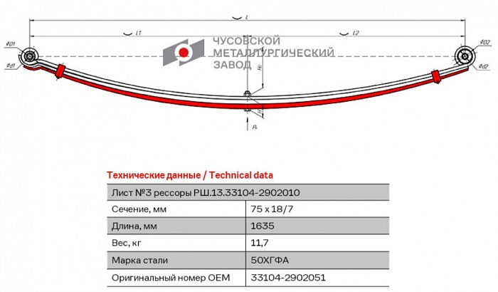 Передний рессорный лист №3 ГАЗ 33104 Валдай