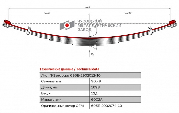 Лист коренной рессорный №1 ЛАЗ-695Е, М; ЛАЗ-697Е, М; 697Н, ЛиАЗ-677, Альтерна-4216, 6230 передний