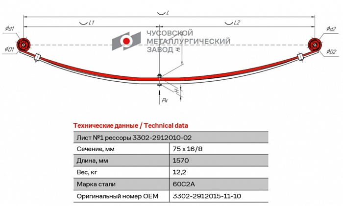 Лист №1 задний коренной рессорный  Газ-3302