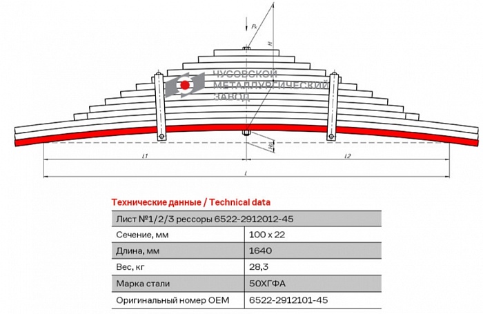 Задний коренной рессорный лист №1 для автомобилей производства ПАО "Камаз" 6522